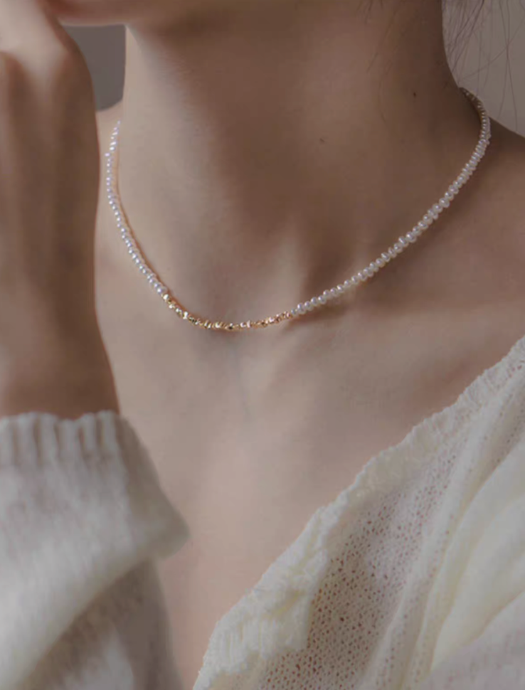 Glistening Pearl &amp; Gold Fragment Necklace