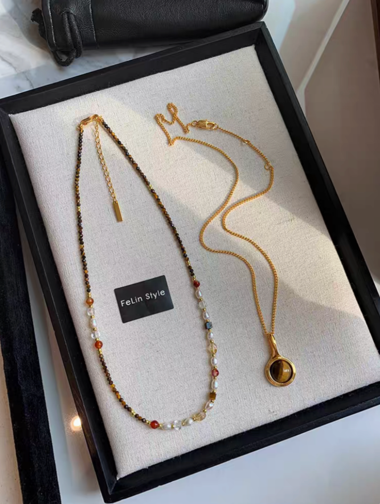 Elegant Pearl and Tiger Eye Necklace Set