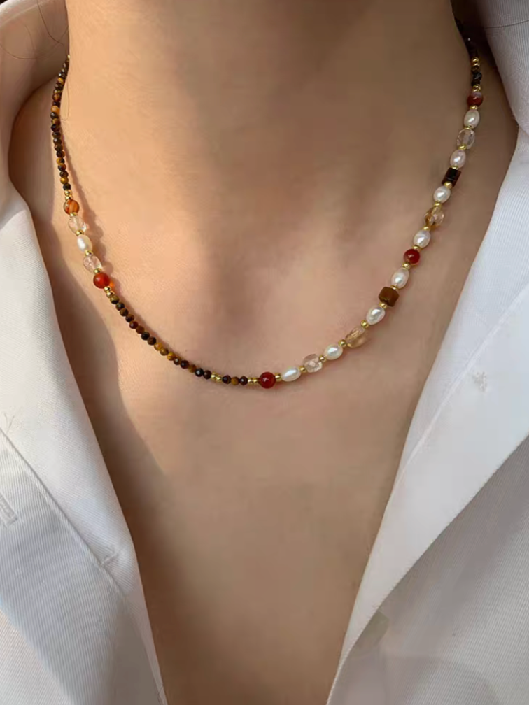 Elegant Pearl and Tiger Eye Necklace Set