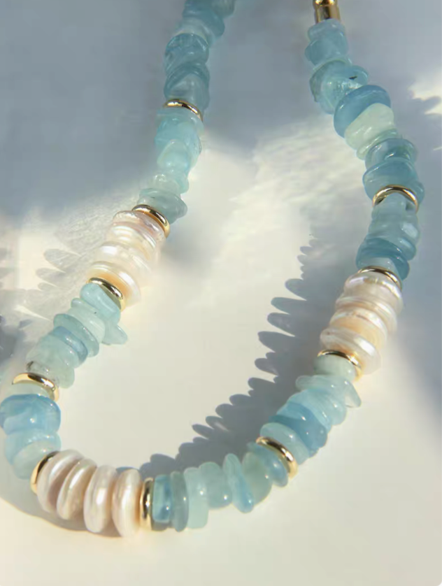 Coastal Aquamarine &amp; Pearl Choker