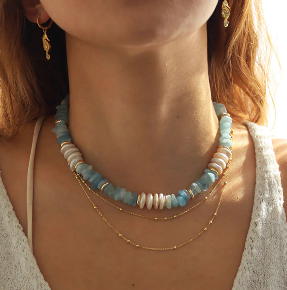 Coastal Aquamarine &amp; Pearl Choker