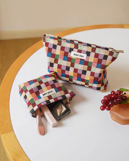 Vibrant Checkered Travel Makeup Bag