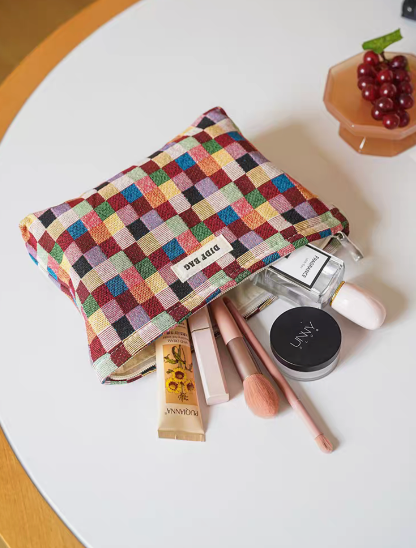 Vibrant Checkered Travel Makeup Bag