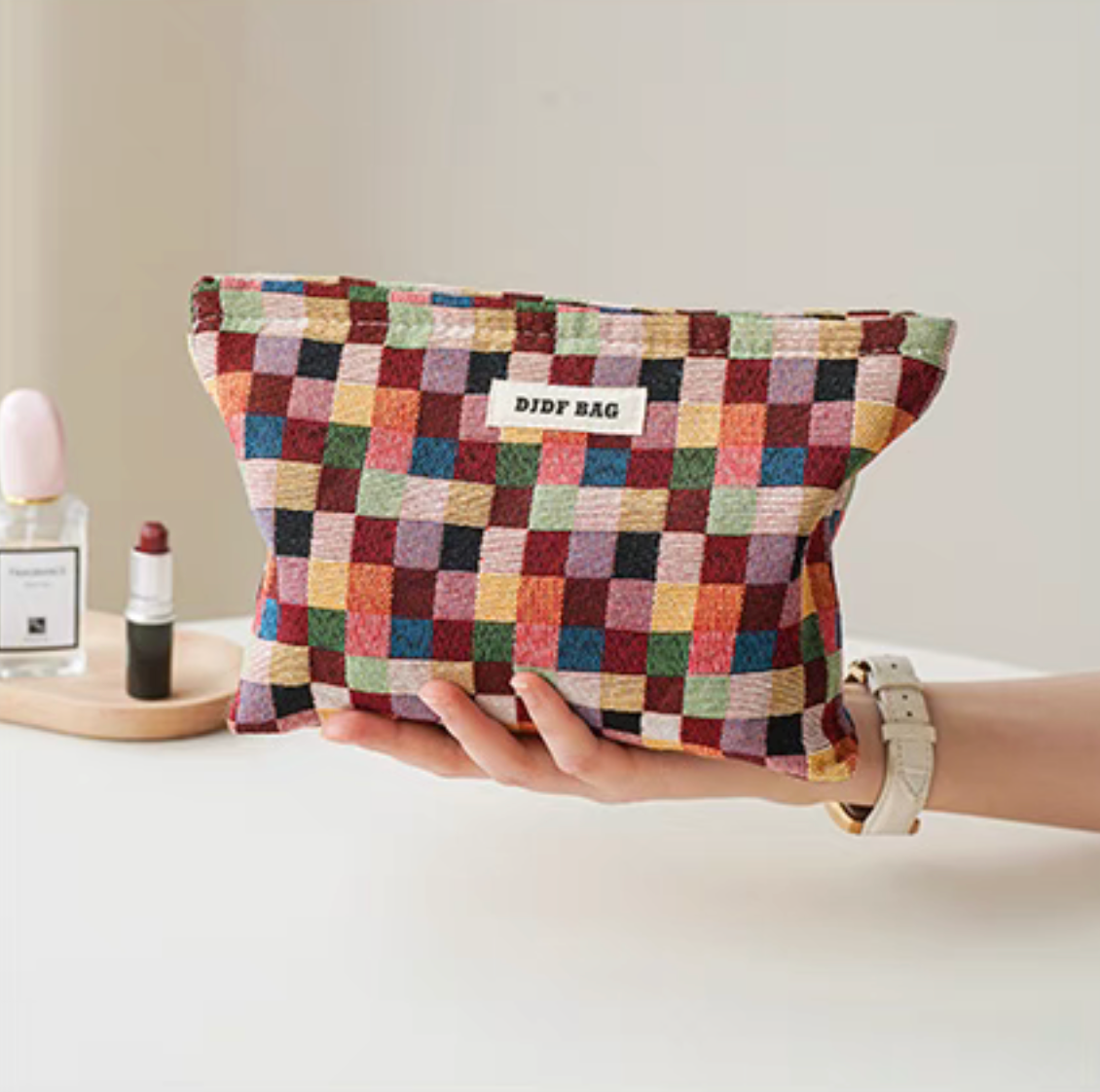 Vibrant Checkered Travel Makeup Bag