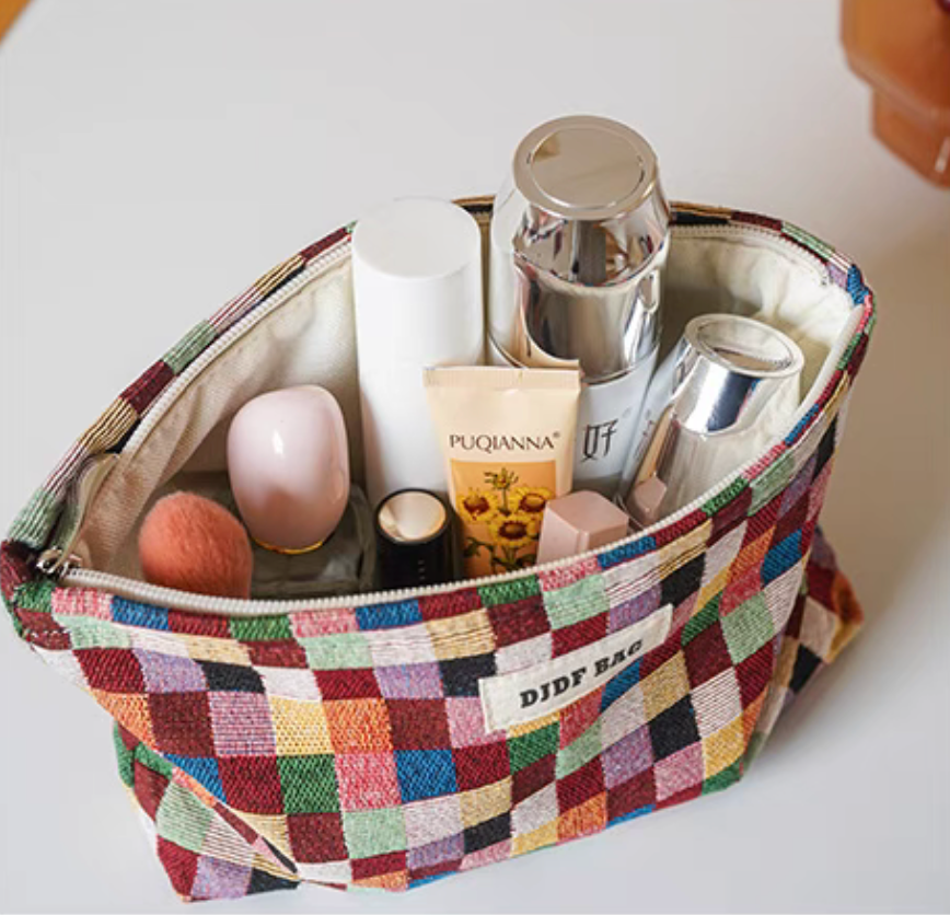 Vibrant Checkered Travel Makeup Bag