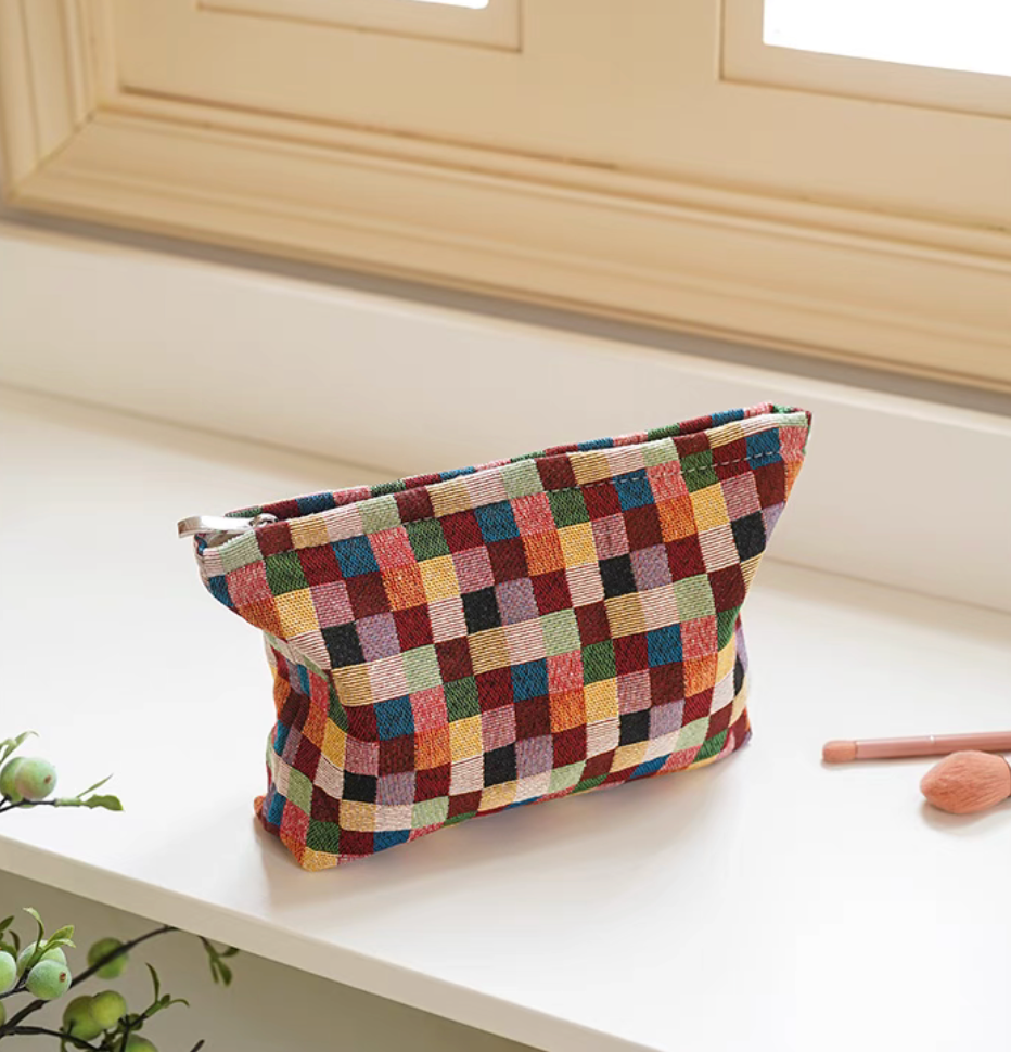 Vibrant Checkered Travel Makeup Bag