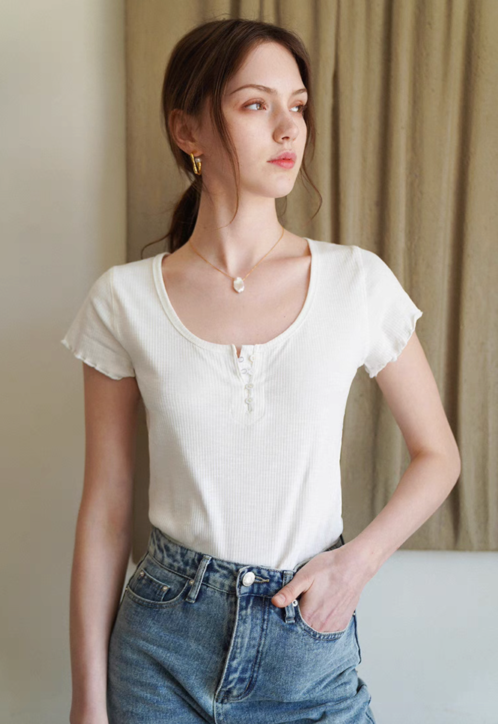 Elegant Ribbed Henley Top