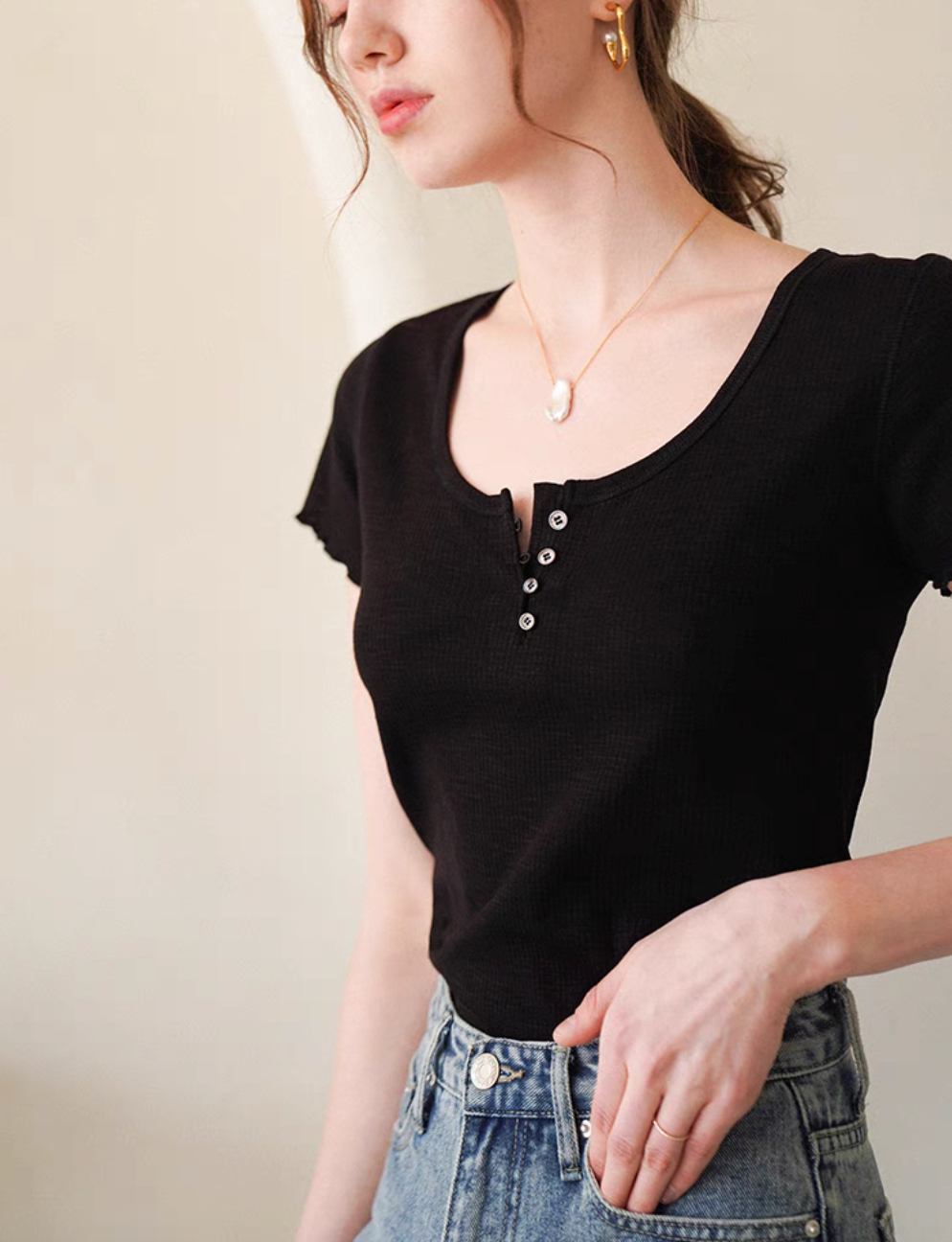 Elegant Ribbed Henley Top