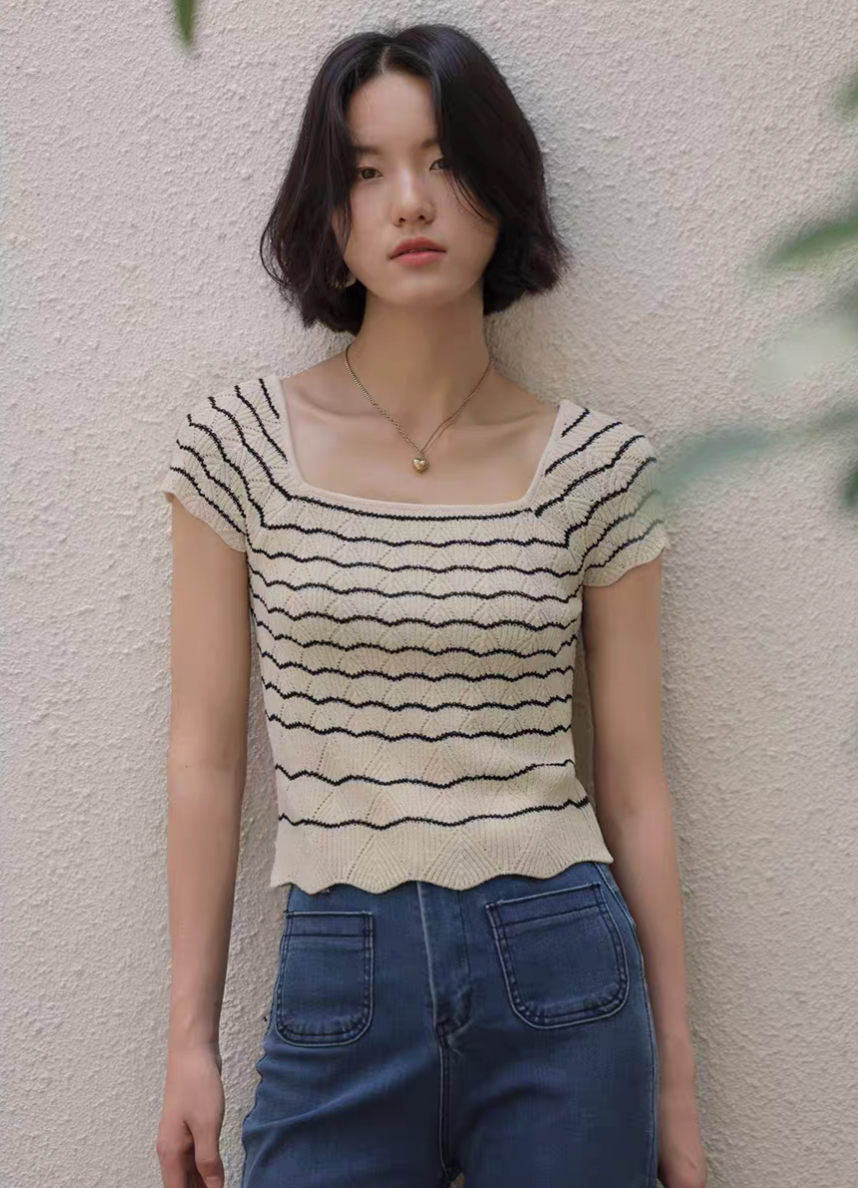 Vintage Stripe Flutter Sleeve Knit Top