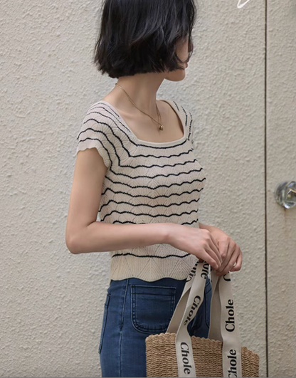 Vintage Stripe Flutter Sleeve Knit Top