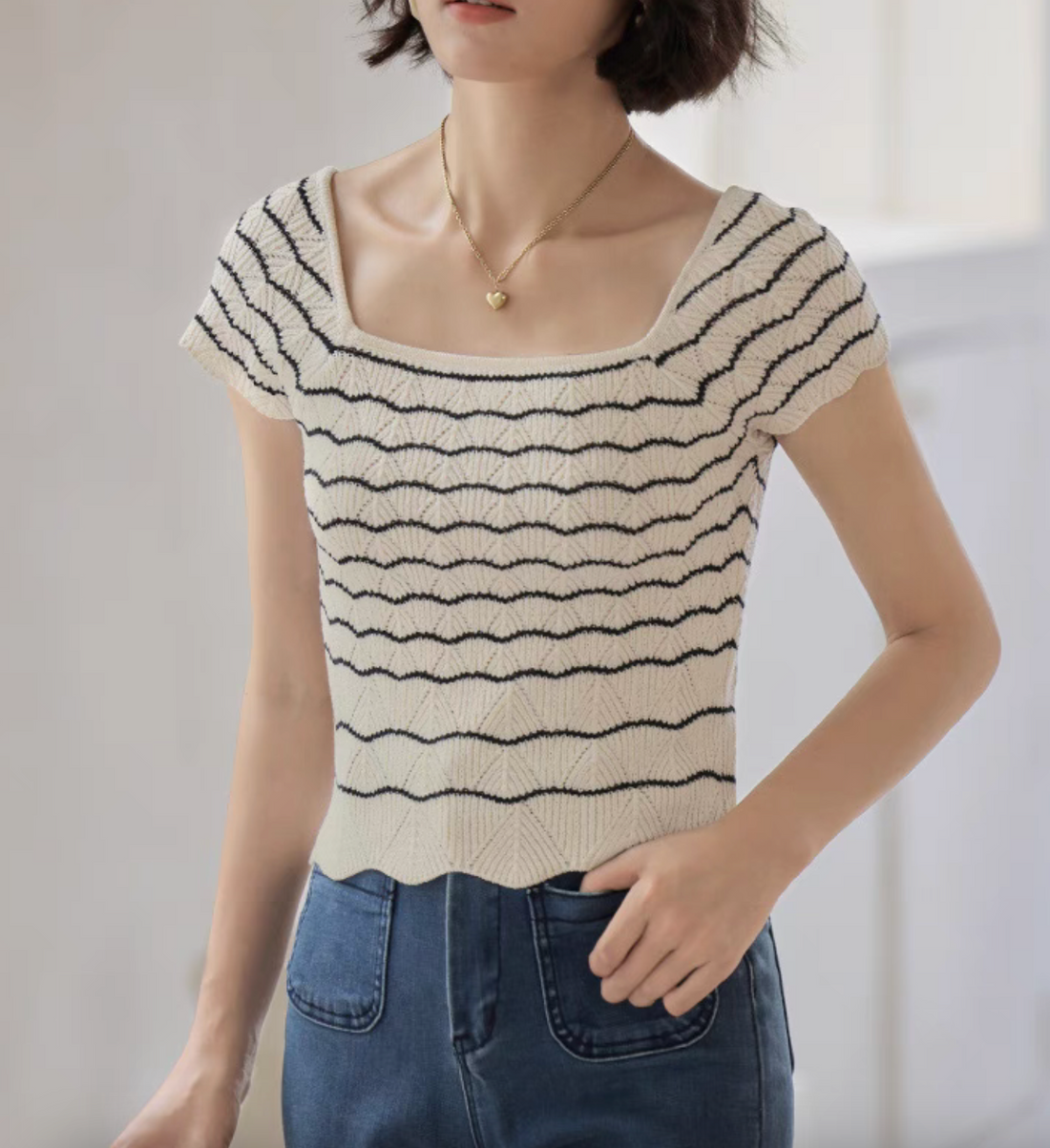 Vintage Stripe Flutter Sleeve Knit Top