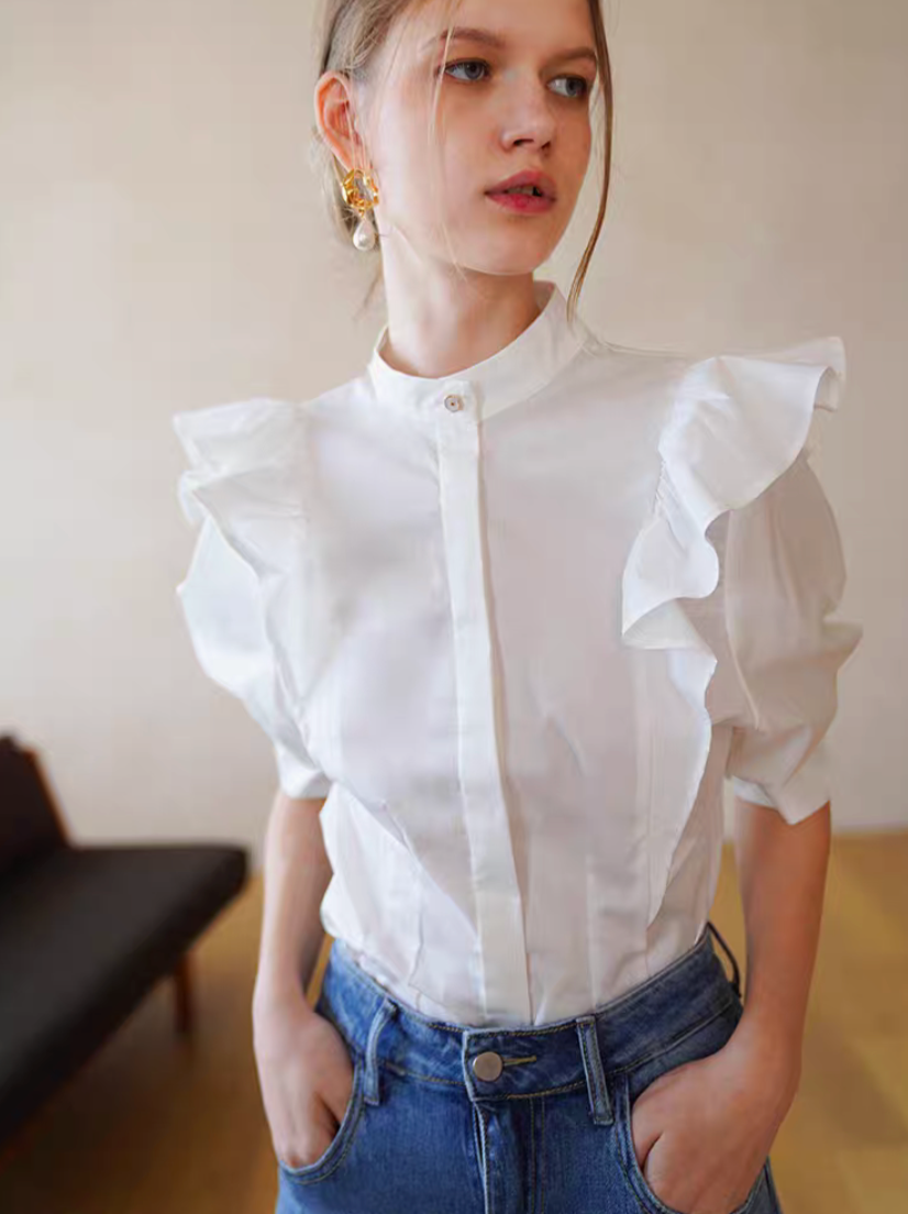 Ruffle Collar Lantern Sleeve Blouse