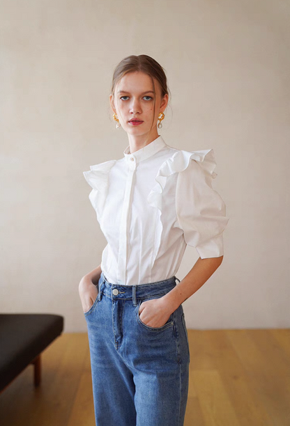 Ruffle Collar Lantern Sleeve Blouse