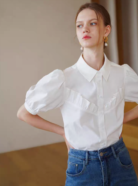 Chic French Ruffle Puff Sleeve Blouse