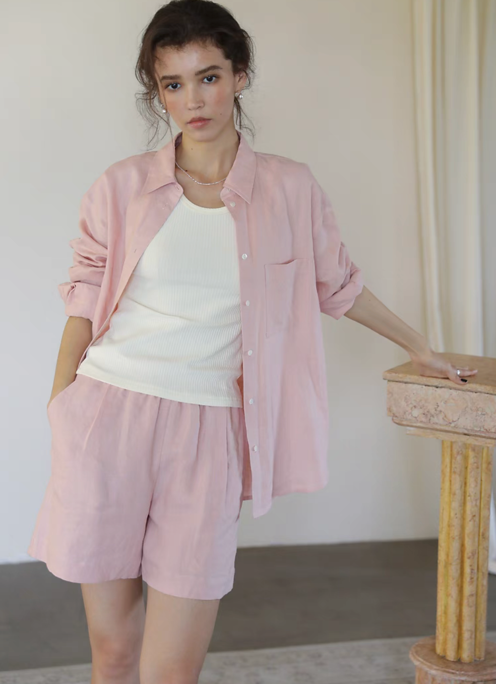 Linen Collared Shirt &amp; Shorts Set