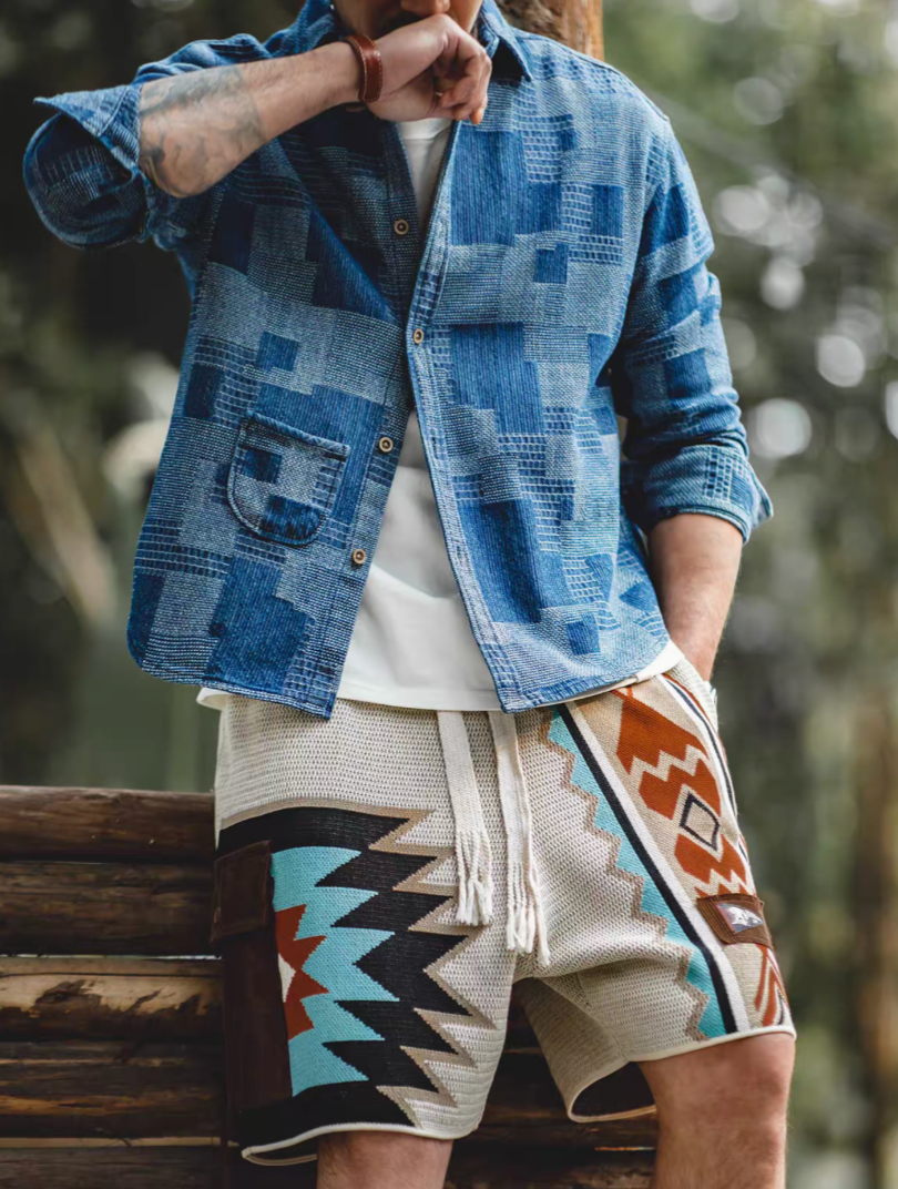 Navajo-Inspired Geometric Knit Beach Shorts