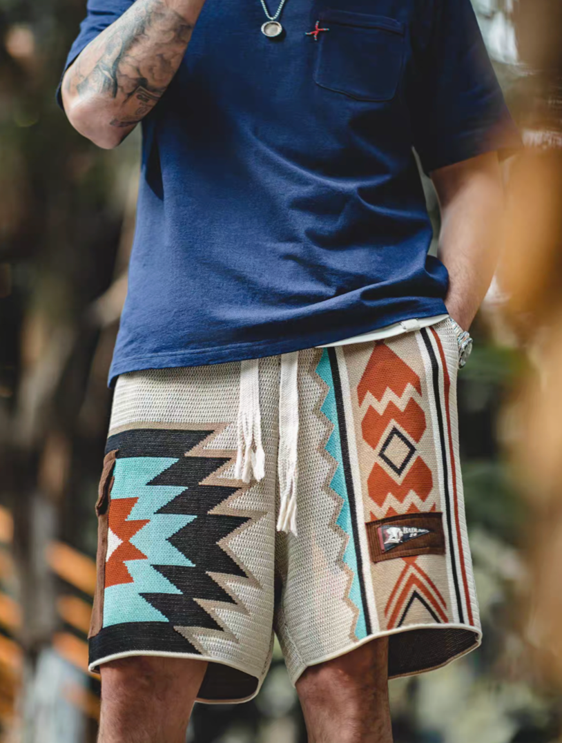 Navajo-Inspired Geometric Knit Beach Shorts