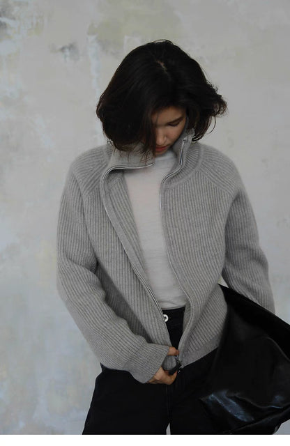 Ribbed Wool-Blend Zip Sweater