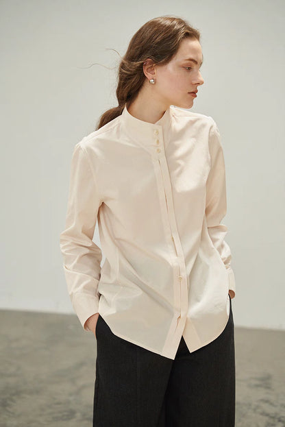 Pleated Placket Stand-Collar Shirt