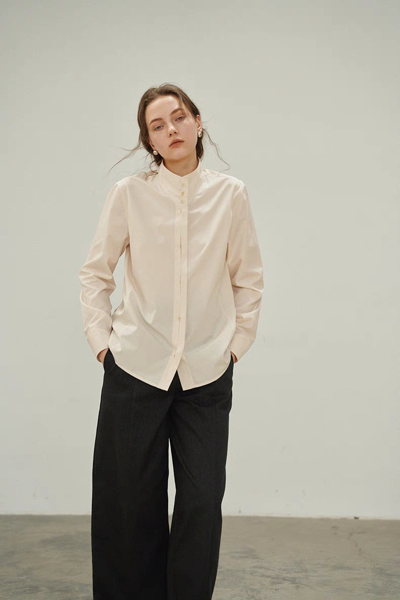 Pleated Placket Stand-Collar Shirt