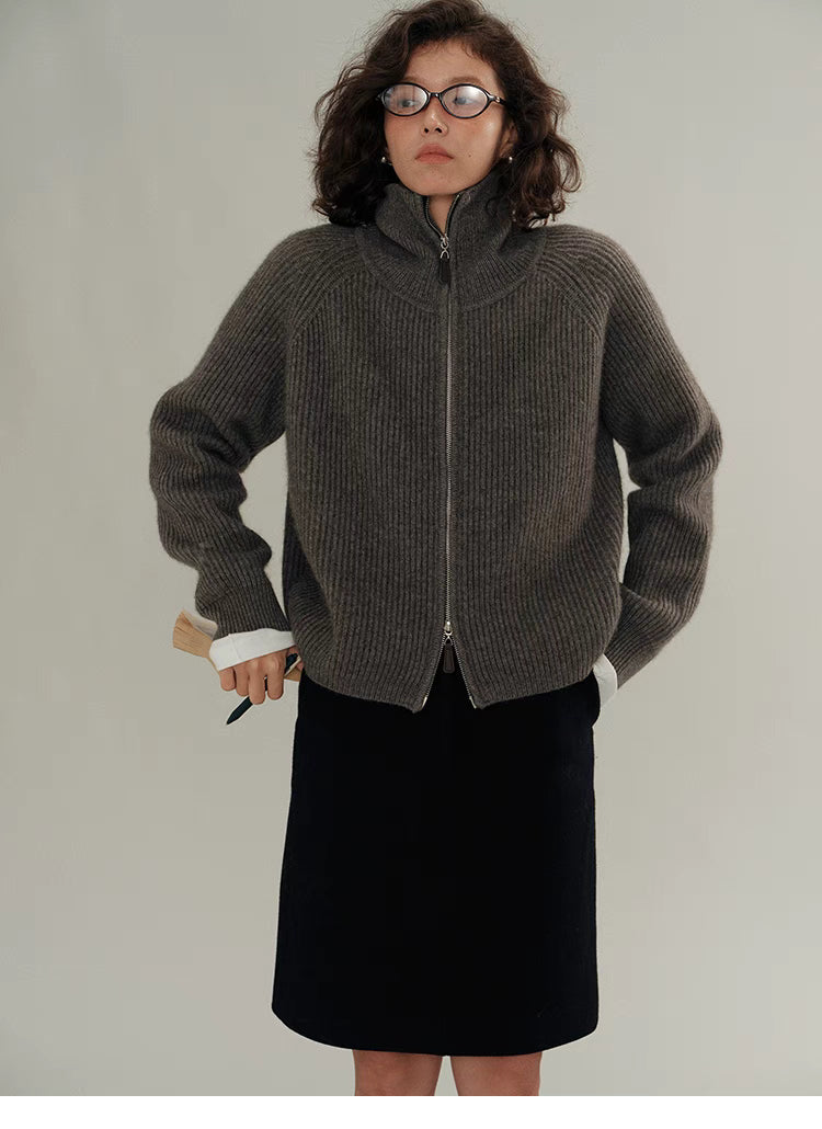 Ribbed Wool-Blend Zip Sweater