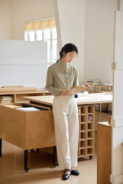 Pleated Placket Stand-Collar Shirt