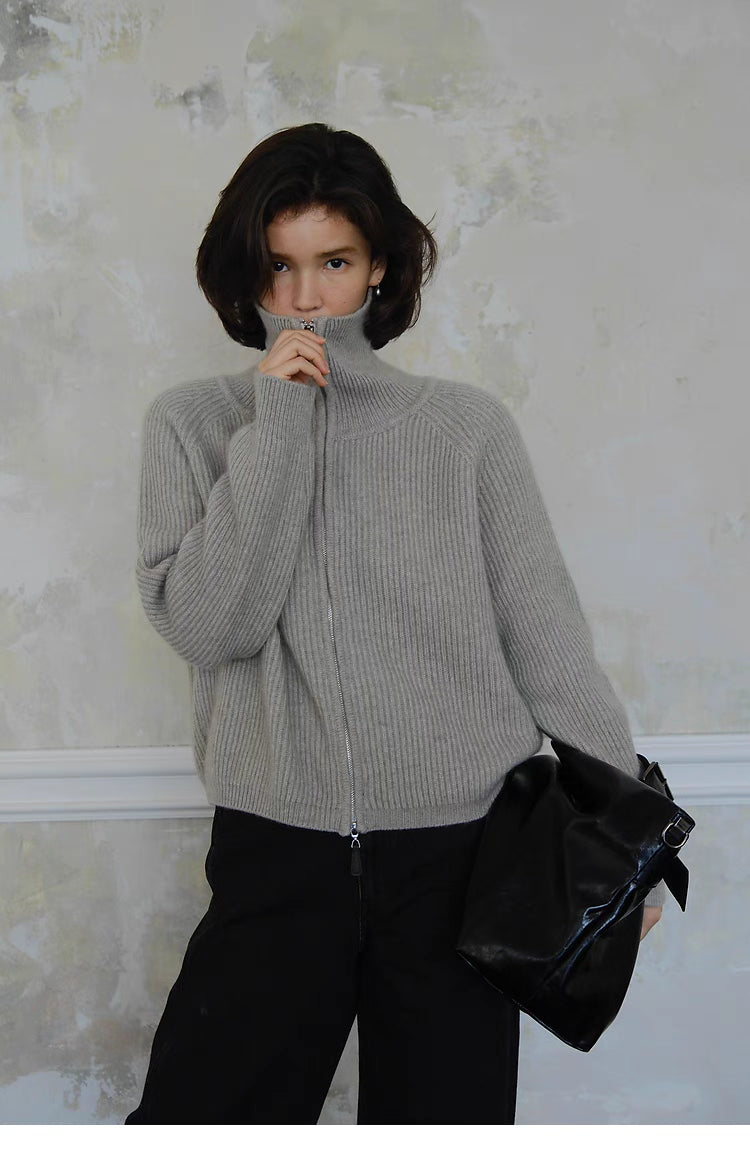 Ribbed Wool-Blend Zip Sweater