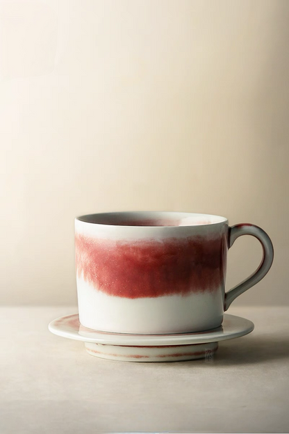 Handcrafted Crimson Glaze Vintage Ceramic Cup and Saucer Set