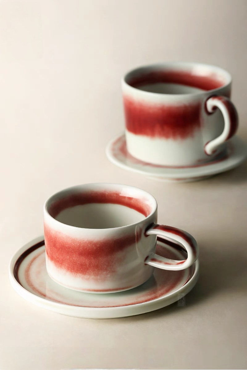 Handcrafted Crimson Glaze Vintage Ceramic Cup and Saucer Set