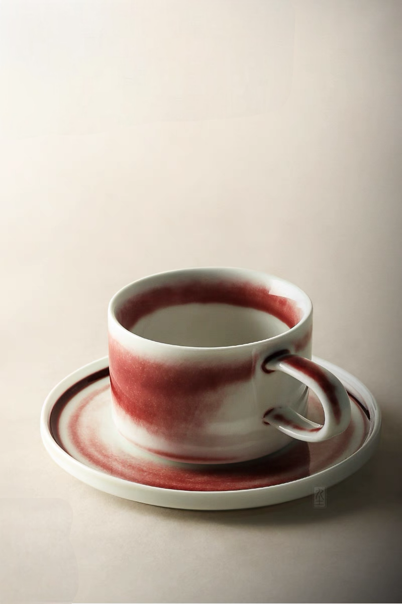 Handcrafted Crimson Glaze Vintage Ceramic Cup and Saucer Set