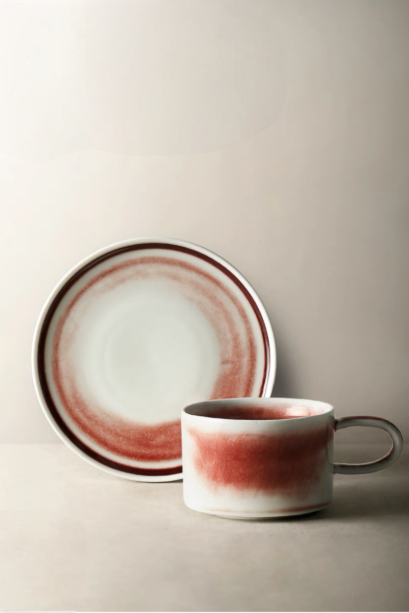 Handcrafted Crimson Glaze Vintage Ceramic Cup and Saucer Set