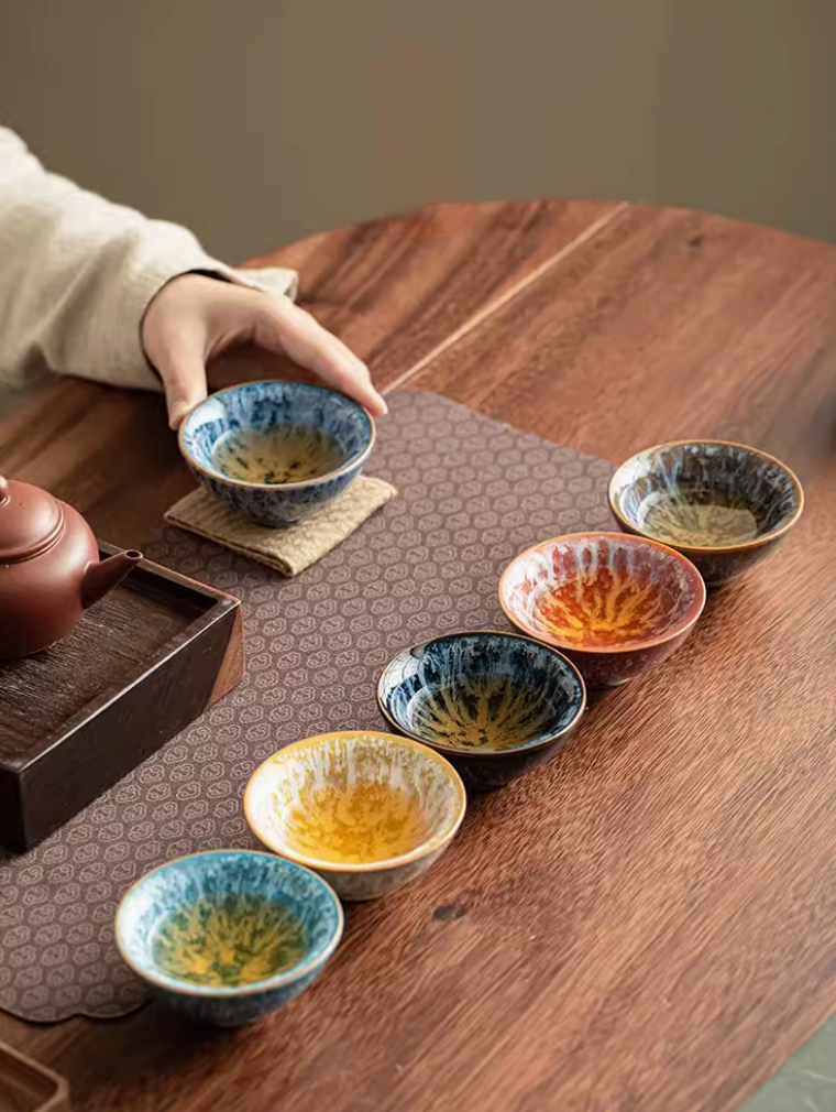 Nine-Color Glaze Variation Tea Cup Set