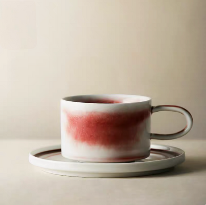 Handcrafted Crimson Glaze Vintage Ceramic Cup and Saucer Set