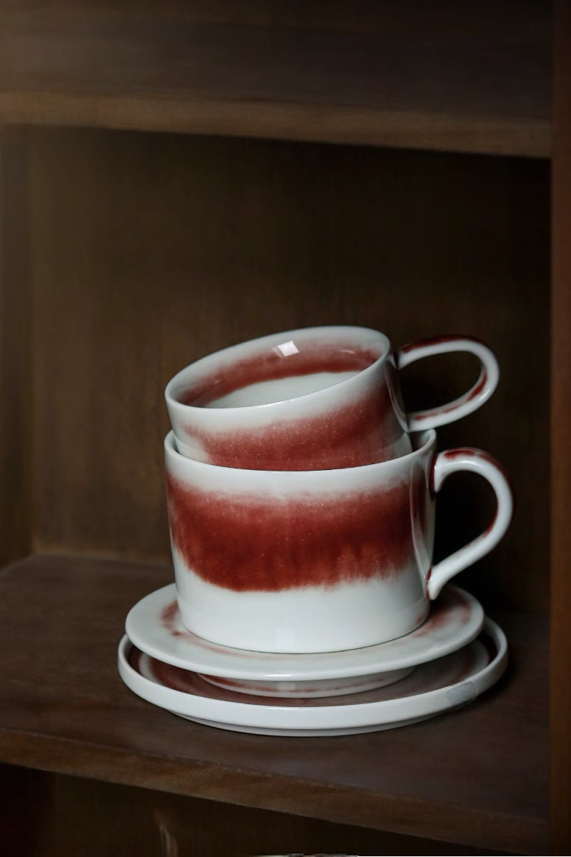 Handcrafted Crimson Glaze Vintage Ceramic Cup and Saucer Set