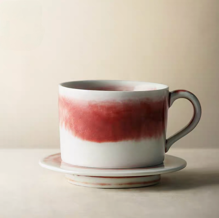 Handcrafted Crimson Glaze Vintage Ceramic Cup and Saucer Set