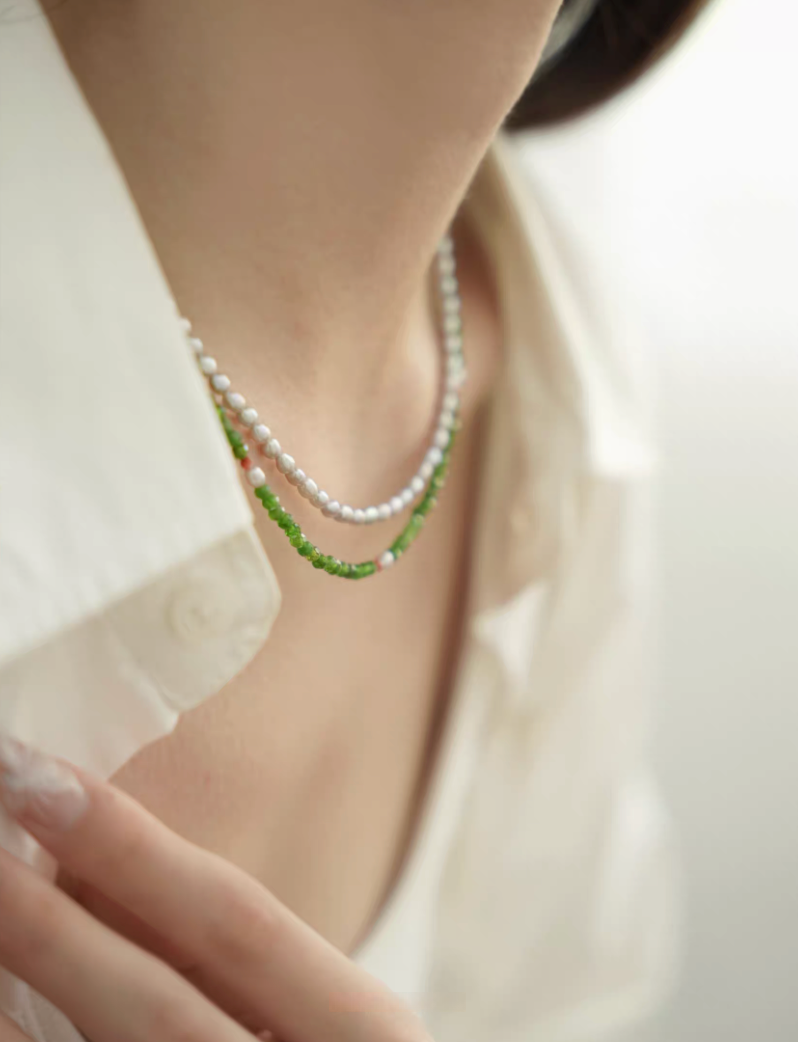 Emerald Green Gemstone and Pearl Necklace