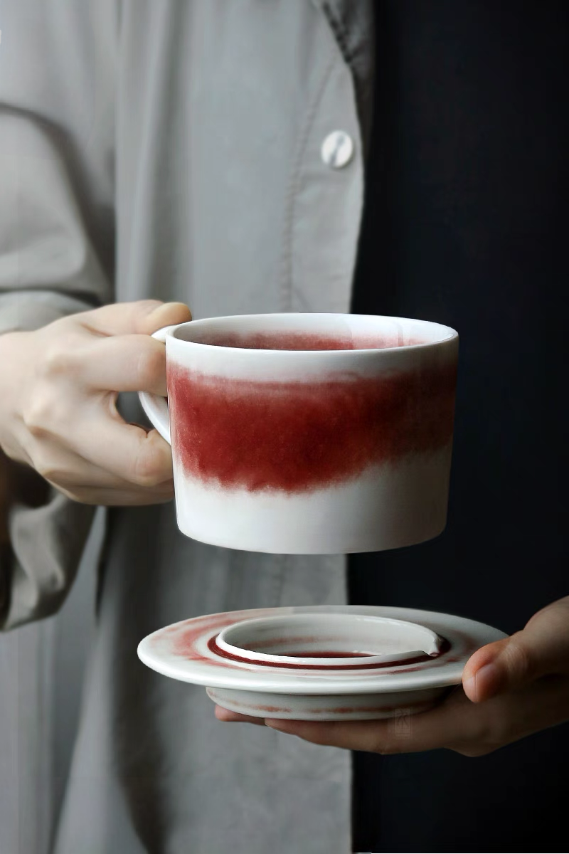 Handcrafted Crimson Glaze Vintage Ceramic Cup and Saucer Set