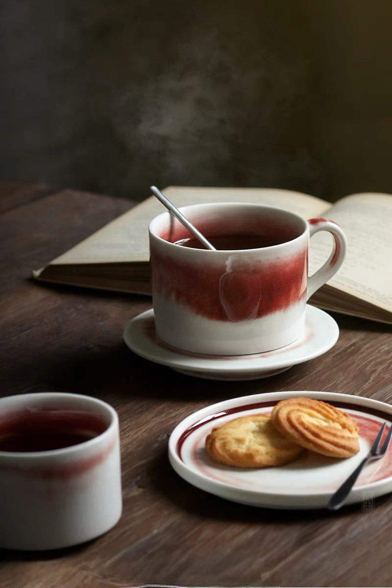 Handcrafted Crimson Glaze Vintage Ceramic Cup and Saucer Set